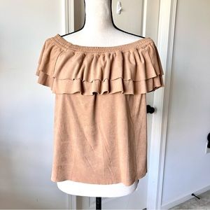 NEW YORK & COMPANY SOHO Jeans Faux Suede Ruffled Off The Shoulder Top—SZ. M